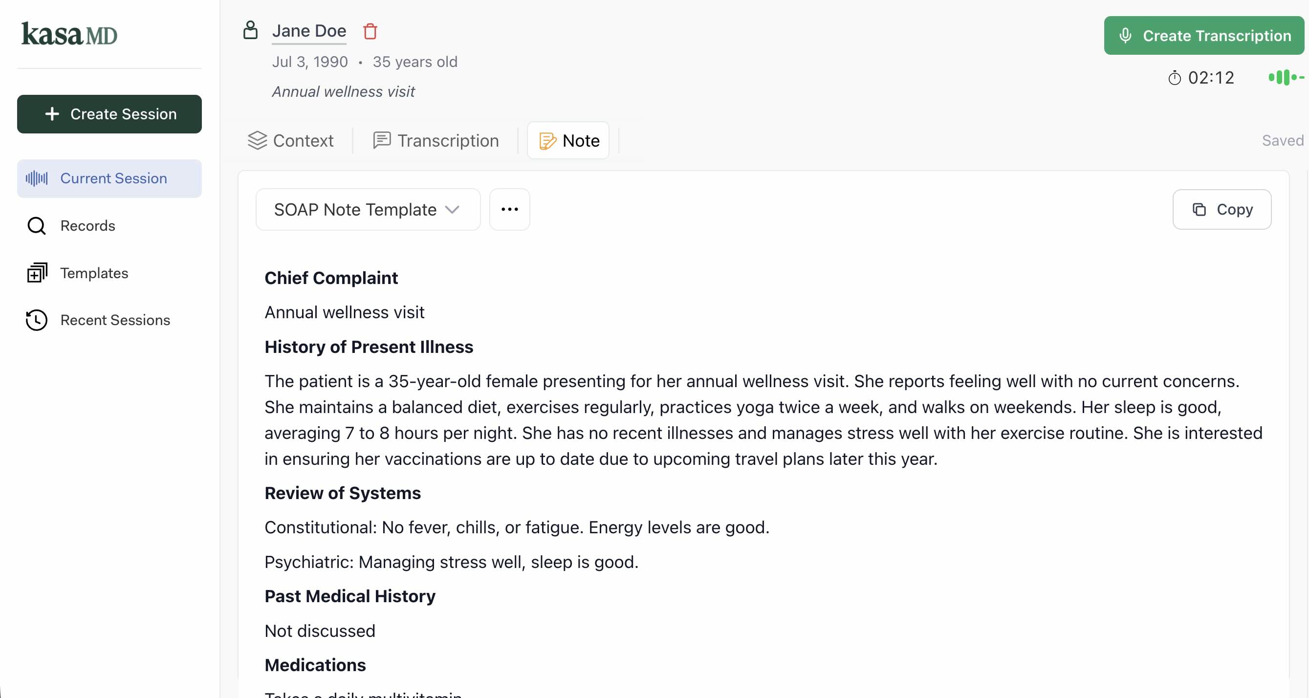 KasaMD application interface showing medical voice dictation and clinical documentation